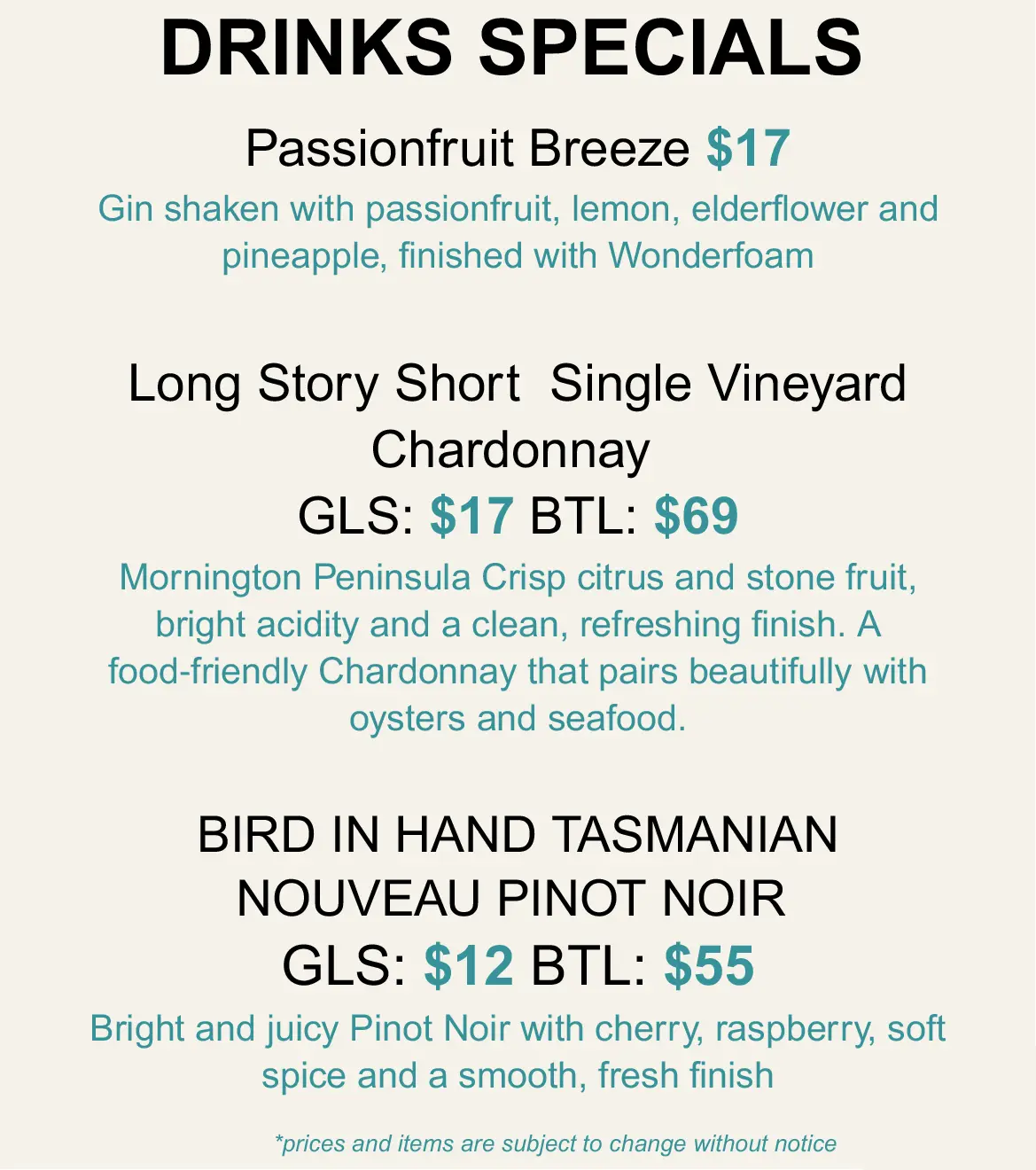 drinks specials $2 oysters